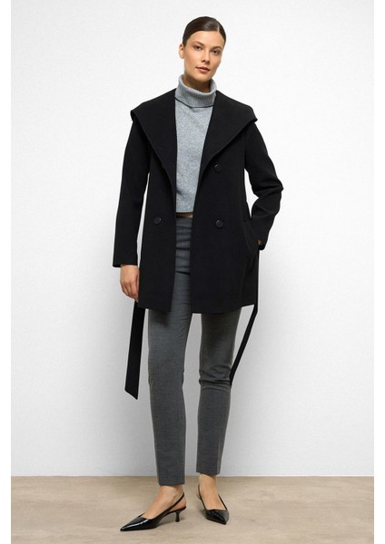 Kapüşonlu Kruvaze Kısa Kaban Siyah 3103 fiyatları