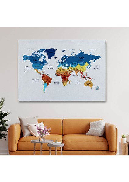 Türkçe Dünya Haritası Dekoratif Kanvas Tablo Ülke ve Başkentli 1492 fiyatları