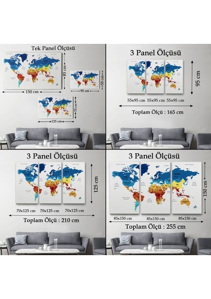 Türkçe Dünya Haritası Dekoratif Kanvas Tablo Ülke ve Başkentli 1492