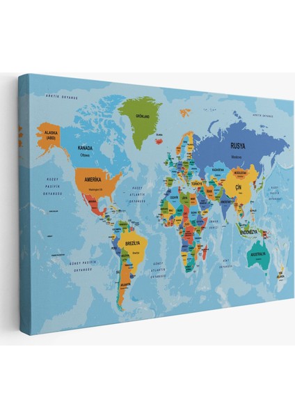 Türkçe Dünya Haritası Ülke Başkentli ve Okyanuslu Dekoratif Kanvas Tablo 2260