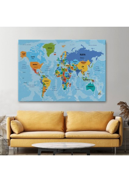 Türkçe Dünya Haritası Ülke Başkentli ve Okyanuslu Dekoratif Kanvas Tablo 2260 fiyatları