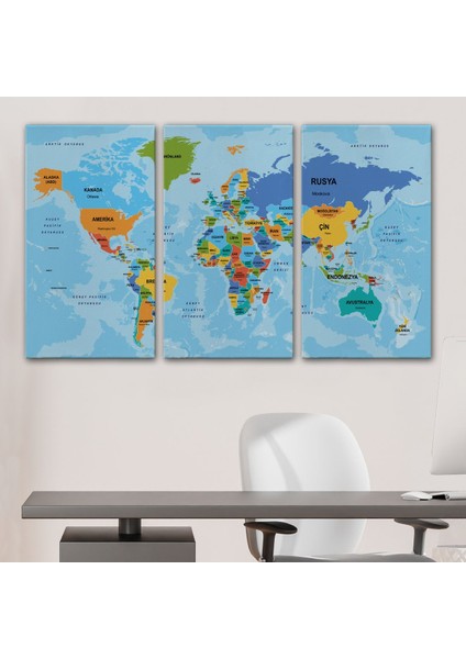 Türkçe Dünya Haritası Ülke Başkentli ve Okyanuslu Dekoratif Kanvas Tablo 2260 modelleri