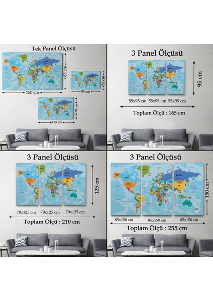 Türkçe Dünya Haritası Ülke Başkentli ve Okyanuslu Dekoratif Kanvas Tablo 2260
