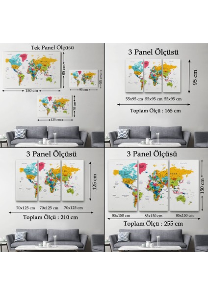 Dünya Haritası Dekoratif Kanvas Tablo Son Derece Detaylı ve Eğitici 1592