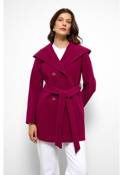 Kapüşonlu Kruvaze Kısa Kaban Fuşya 3103