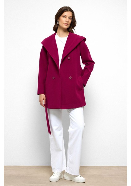 Kapüşonlu Kruvaze Kısa Kaban Fuşya 3103 modelleri