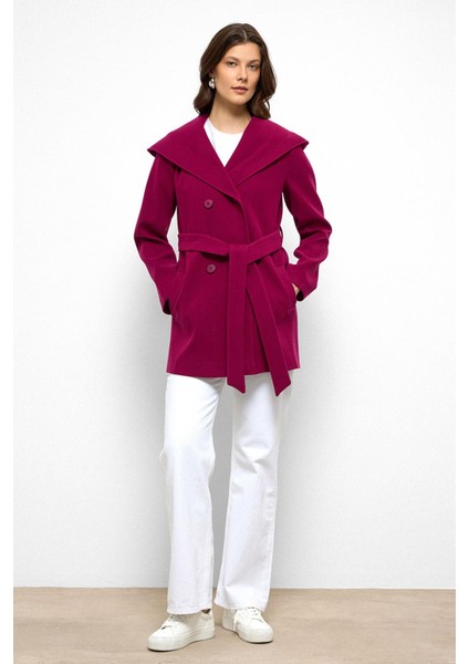 Kapüşonlu Kruvaze Kısa Kaban Fuşya 3103 fırsatları