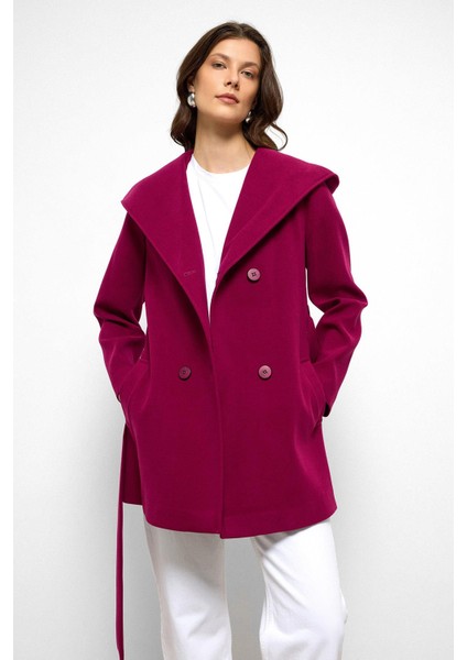 Kapüşonlu Kruvaze Kısa Kaban Fuşya 3103 indirimleri