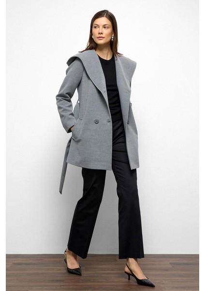 Kapüşonlu Kruvaze Kısa Kaban Gri 3103