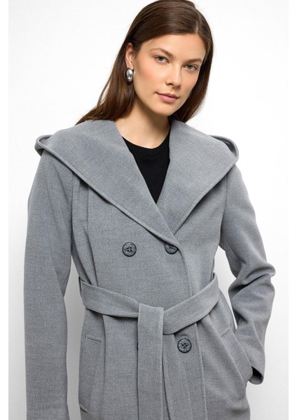 Kapüşonlu Kruvaze Kısa Kaban Gri 3103 fiyatları