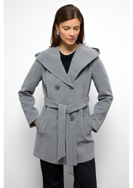 Kapüşonlu Kruvaze Kısa Kaban Gri 3103 modelleri