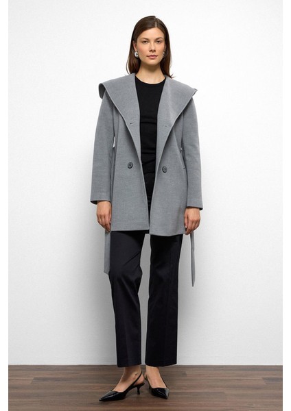 Kapüşonlu Kruvaze Kısa Kaban Gri 3103 fırsatları