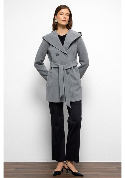 Kapüşonlu Kruvaze Kısa Kaban Gri 3103 indirimleri