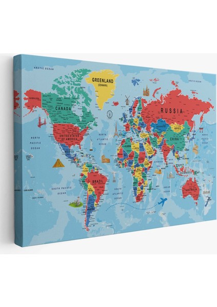 Dünya Haritası Kanvas Tablo Son Derece Detaylı Dekoratif OKYANUSLU-2021