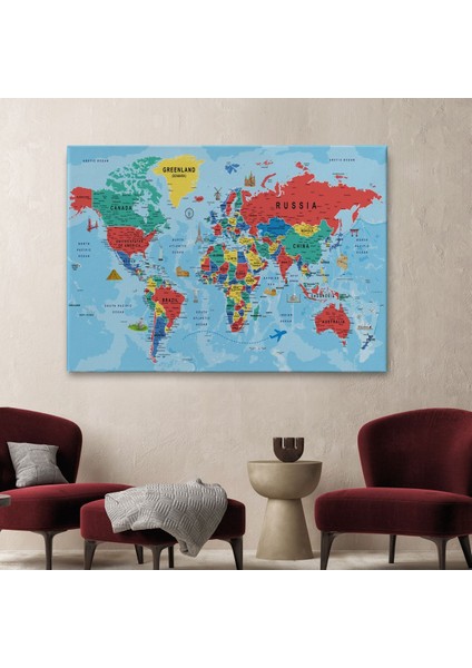 Dünya Haritası Kanvas Tablo Son Derece Detaylı Dekoratif OKYANUSLU-2021 fiyatları