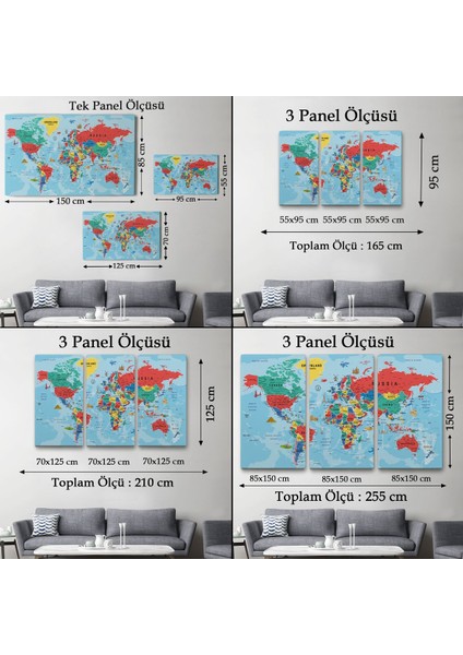Dünya Haritası Kanvas Tablo Son Derece Detaylı Dekoratif OKYANUSLU-2021