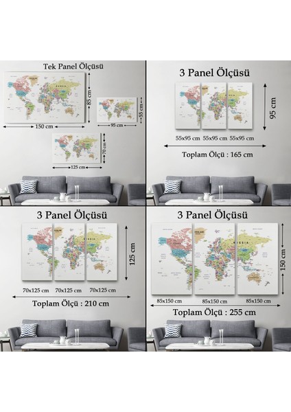 Dünya Haritası Dekoratif Kanvas Tablo Son Derece Detaylı ve Eğitici 1587