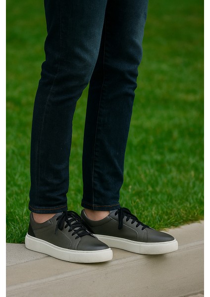 GR0269 Hakiki Deri Antrasit Renk Eva Taban Günlük Erkek Sneaker Ayakkabı