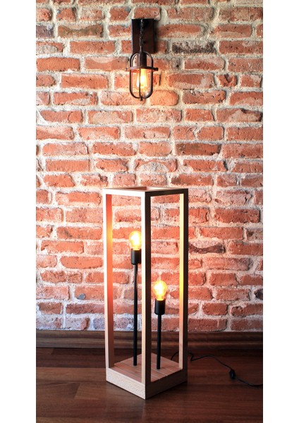 80 cm Doğal Ahşap Kayın Ağacı El Yapımı Çift Ampullü Retro Lambader Rustik LED Ampul Hediyeli