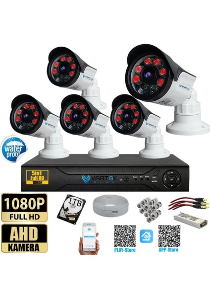 5 Kameralı Set 1tb HDD Full Hd Gece Görüşlü Güvenlik Kamerası Sistemi-Sabit Ip Gerektirmez