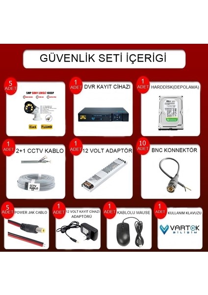 5 Kameralı Set 1tb HDD Full Hd Gece Görüşlü Güvenlik Kamerası Sistemi-Sabit Ip Gerektirmez fırsatları