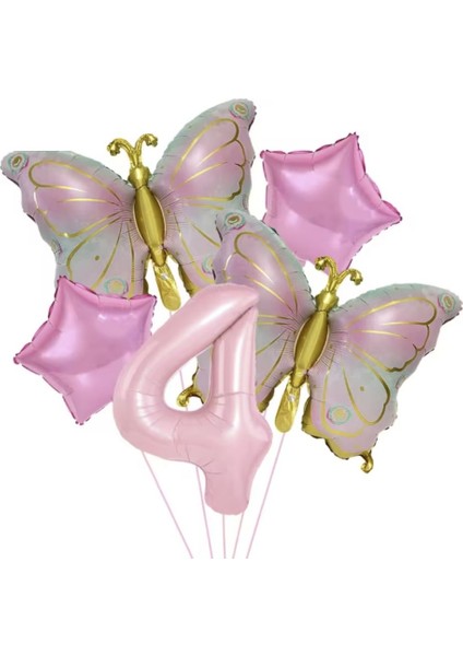 Gold Kelebekli Pembe 4 Yaş Rakam Balon Set