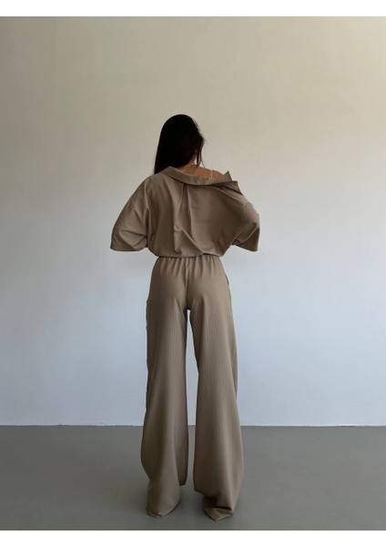 Kadın Çizgili Bej Takım - Rahat Kalıp Gömlek + Bağcıklı Pantolon Ikili Set