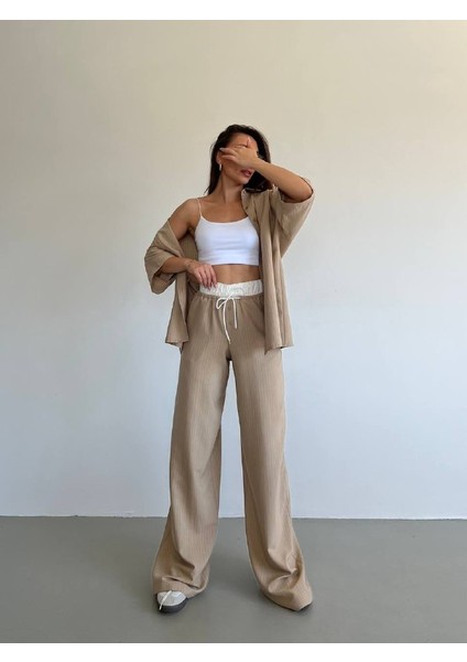 Kadın Çizgili Bej Takım - Rahat Kalıp Gömlek + Bağcıklı Pantolon Ikili Set fiyatları