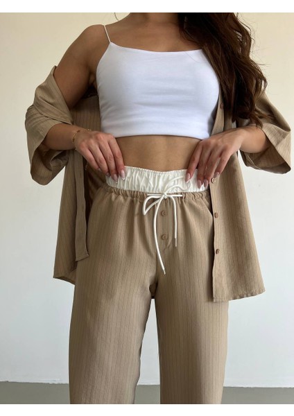Kadın Çizgili Bej Takım - Rahat Kalıp Gömlek + Bağcıklı Pantolon Ikili Set modelleri