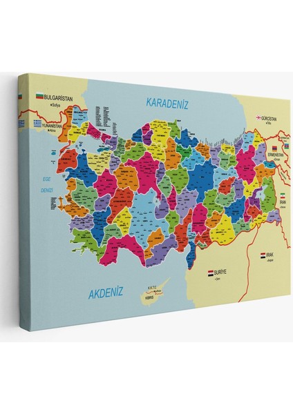 Türkiye Haritası Kanvas Tablo Il ve Ilçeli Ayrıntılı Eğitici Komşulu Dekoratif Tablo 3005