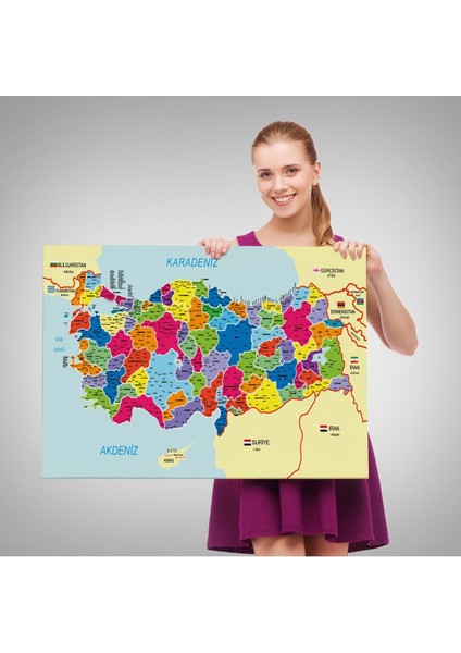 Türkiye Haritası Kanvas Tablo Il ve Ilçeli Ayrıntılı Eğitici Komşulu Dekoratif Tablo 3005 fırsatları