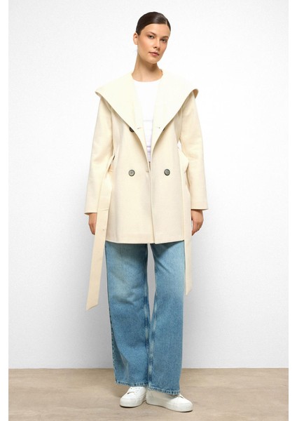 Kapüşonlu Kruvaze Kısa Kaban Ekru 3103 modelleri