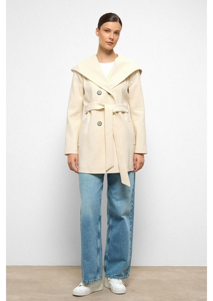 Kapüşonlu Kruvaze Kısa Kaban Ekru 3103 fırsatları