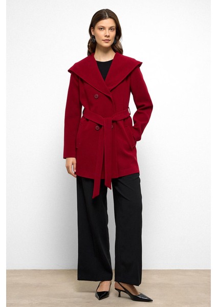 Kapüşonlu Kruvaze Kısa Kaban Kırmızı 3103 fırsatları