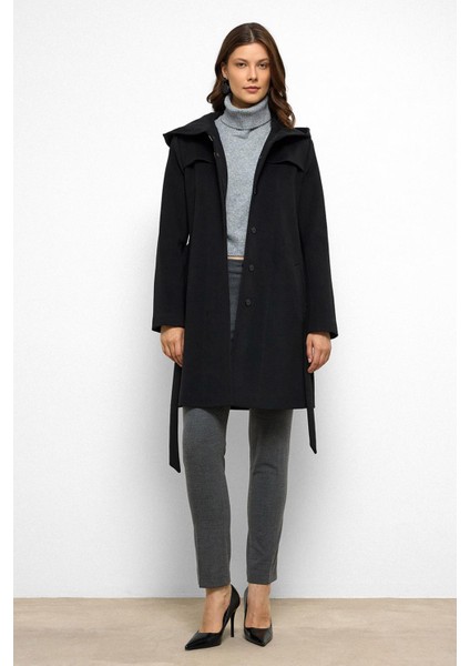 Kapüşonlu Pelerin Detaylı Kaban Siyah 3109