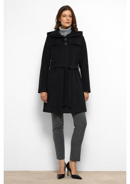 Kapüşonlu Pelerin Detaylı Kaban Siyah 3109 fiyatları