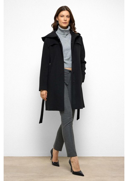 Kapüşonlu Pelerin Detaylı Kaban Siyah 3109 modelleri