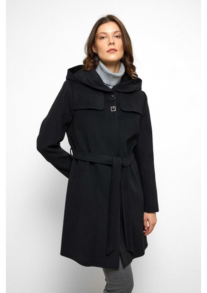 Kapüşonlu Pelerin Detaylı Kaban Siyah 3109 fırsatları