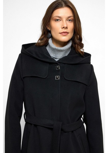 Kapüşonlu Pelerin Detaylı Kaban Siyah 3109 indirimleri