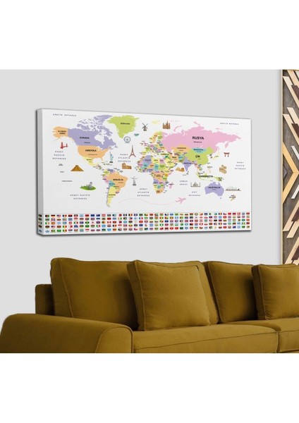 Türkçe Dünya Haritası Ülke Bayrak ve Başkentli Kanvas Tablo 1924