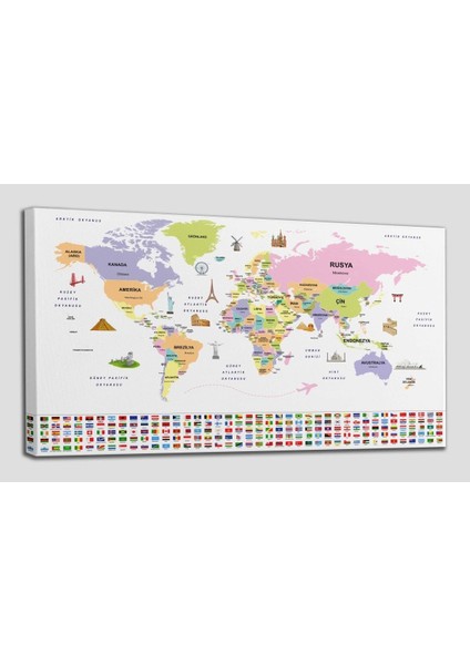 Türkçe Dünya Haritası Ülke Bayrak ve Başkentli Kanvas Tablo 1924 fiyatları