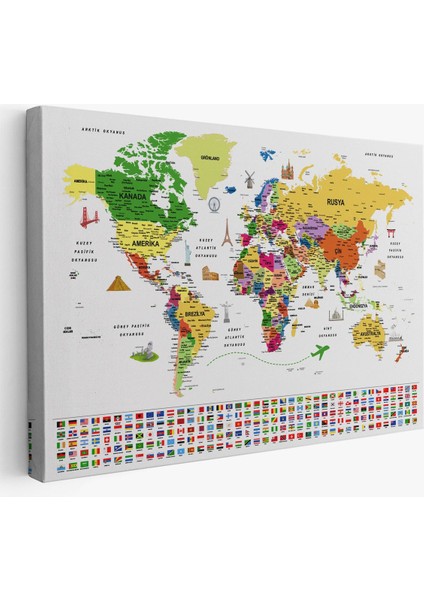 Türkçe Dünya Haritası Ayrıntılı Eğitici Sembollü Bayraklı Dekoratif Kanvas Tablo 2840