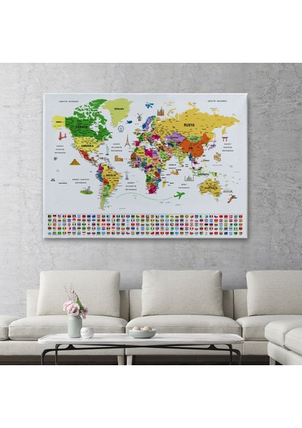 Türkçe Dünya Haritası Ayrıntılı Eğitici Sembollü Bayraklı Dekoratif Kanvas Tablo 2840 fiyatları