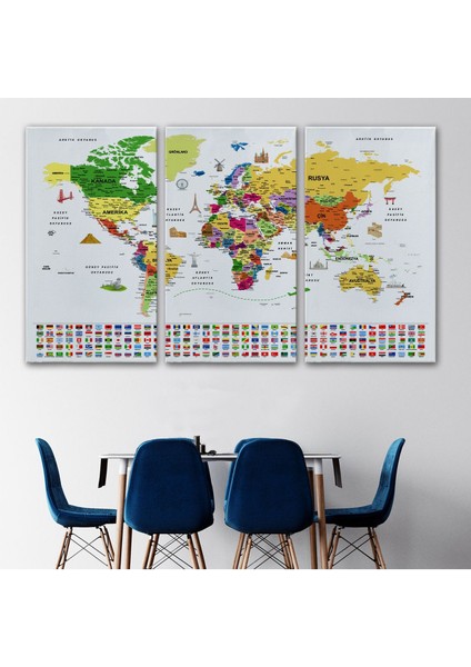Türkçe Dünya Haritası Ayrıntılı Eğitici Sembollü Bayraklı Dekoratif Kanvas Tablo 2840 modelleri