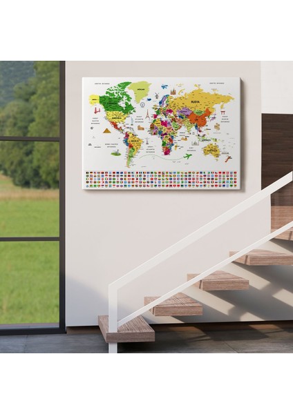 Türkçe Dünya Haritası Ayrıntılı Eğitici Sembollü Bayraklı Dekoratif Kanvas Tablo 2840 indirimleri