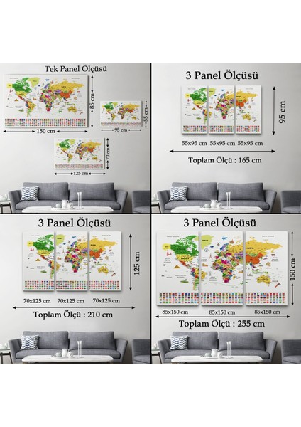 Türkçe Dünya Haritası Ayrıntılı Eğitici Sembollü Bayraklı Dekoratif Kanvas Tablo 2840
