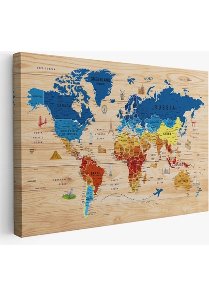 Ahşap Görünümlü Dünya Haritası Sembollü Eğitici Dekoratif Kanvas Tablo 2892