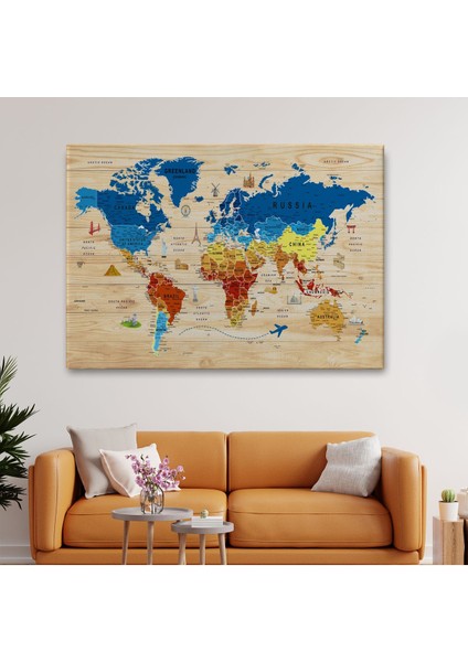 Ahşap Görünümlü Dünya Haritası Sembollü Eğitici Dekoratif Kanvas Tablo 2892 fiyatları
