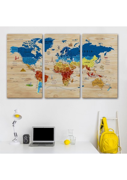 Ahşap Görünümlü Dünya Haritası Sembollü Eğitici Dekoratif Kanvas Tablo 2892 modelleri