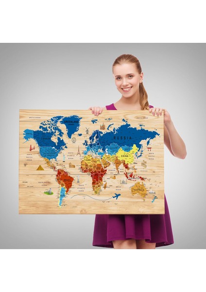 Ahşap Görünümlü Dünya Haritası Sembollü Eğitici Dekoratif Kanvas Tablo 2892 fırsatları